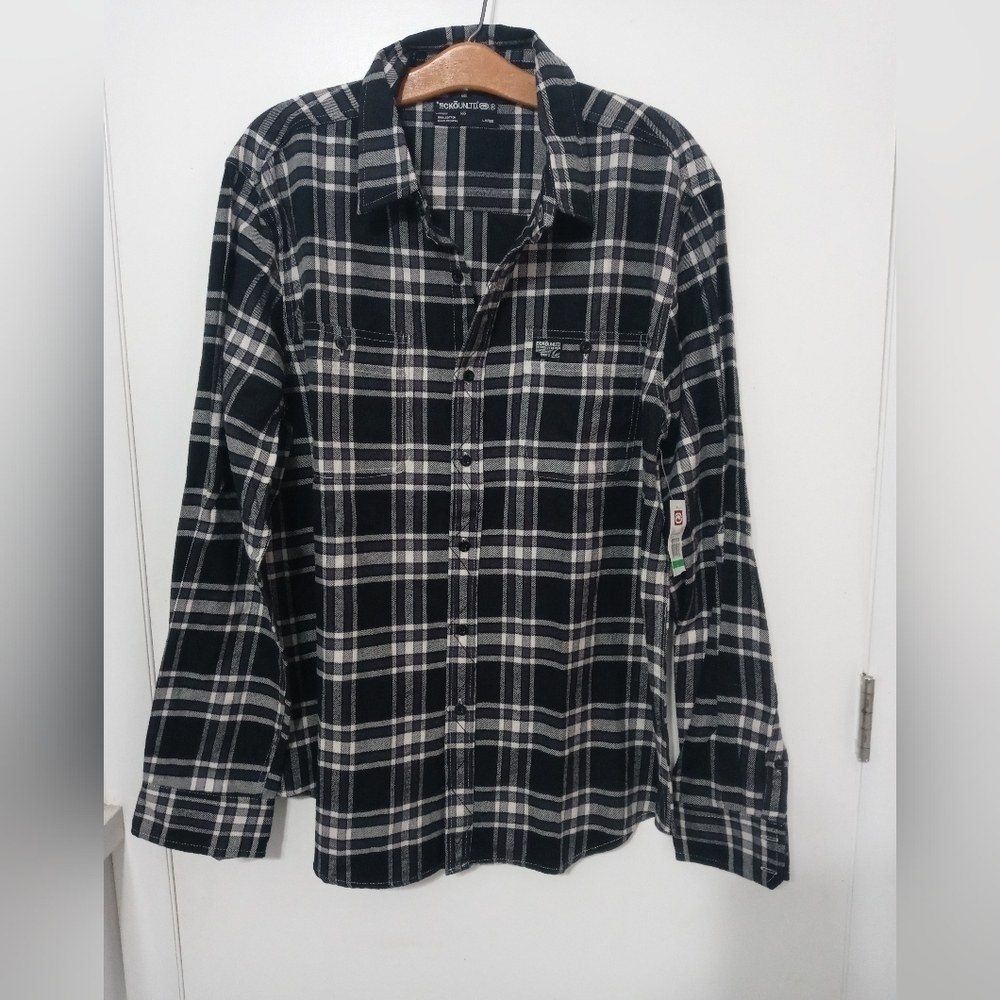Ecko unltd men's black white button down barrier block woven plaid shirt LG New
